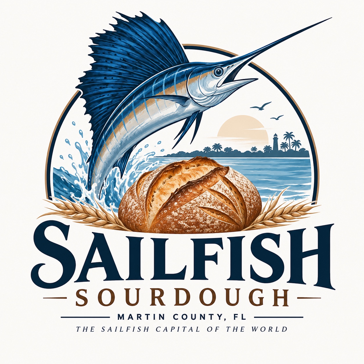 Sailfish Sourdough logo featuring a sailfish, artisan sourdough loaf, and Martin County coastal scenery